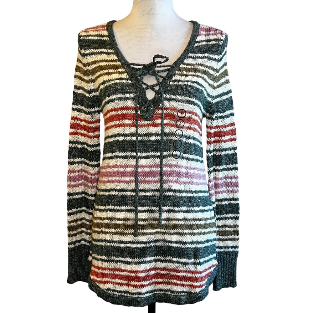 NWT Natural Reflections Sweater‎ Cotton Blend V-neck Lace Up Neck Tunic Gift